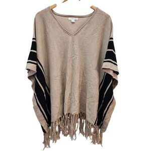 Passports shawl poncho top cotton tan black stripe size Large 12-14